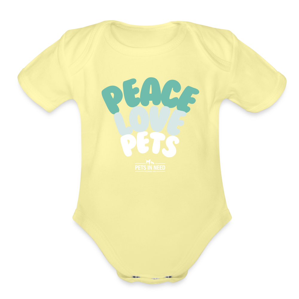 Peace, Love, Pets Short Sleeve Baby Bodysuit - washed yellow